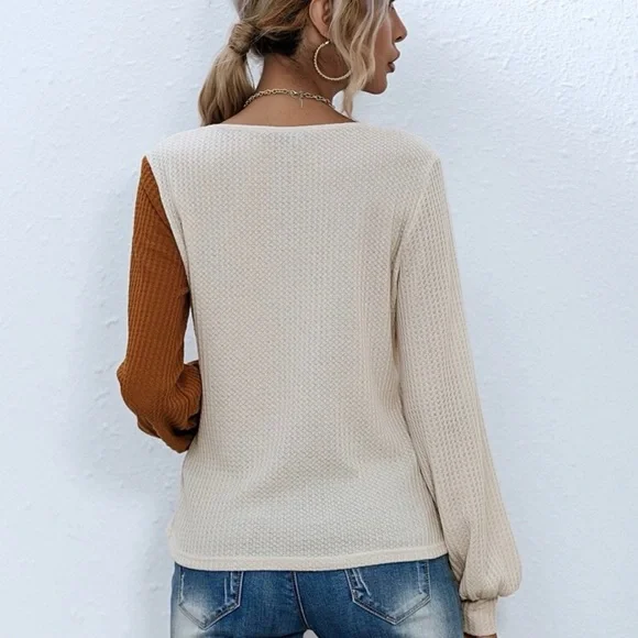 Colorblock V-Neck Long Sleeve Waffle Tee Women’s Size Medium - Picture 2 of 4